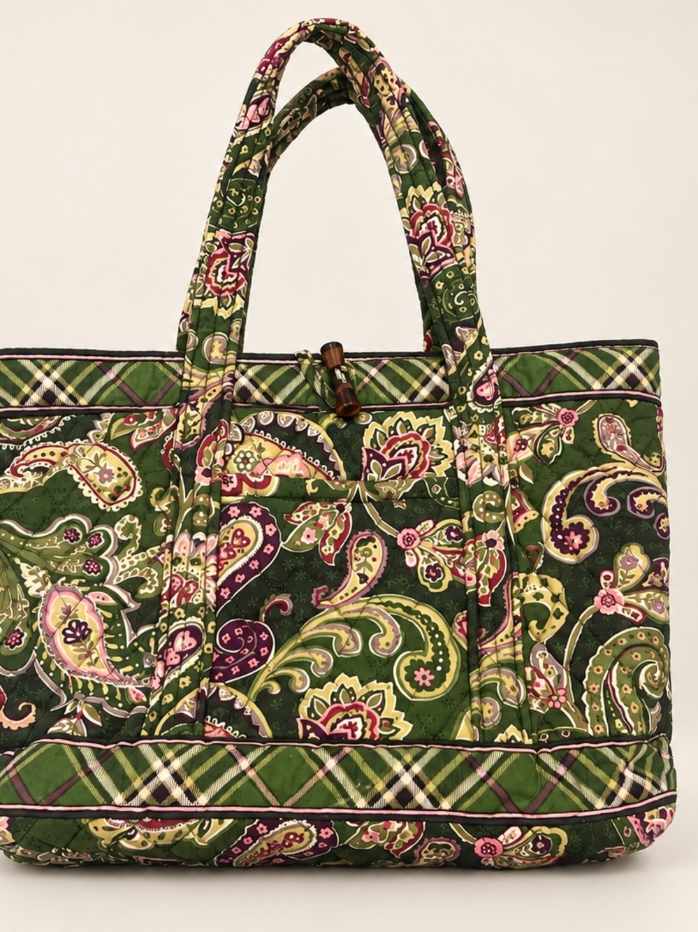 Vera Bradley Green Paisley Quilted Tote Bag Plaid Trim Floral Purse